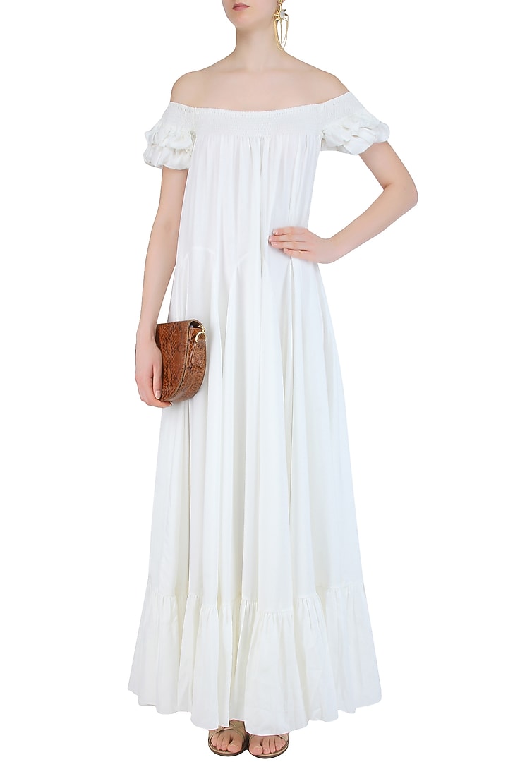 Off-Shoulder Ruched Maxi Dress - White
