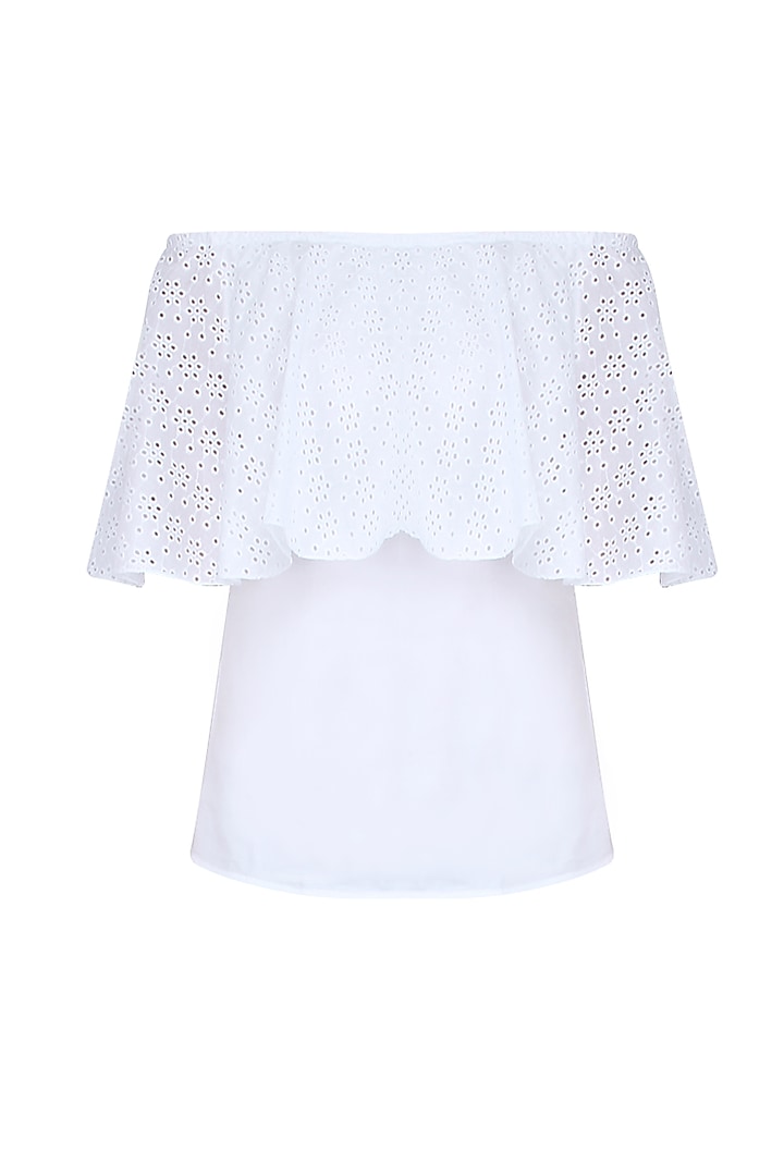 White Off Shoulder Ruffled Lace Trim Top by Ankita