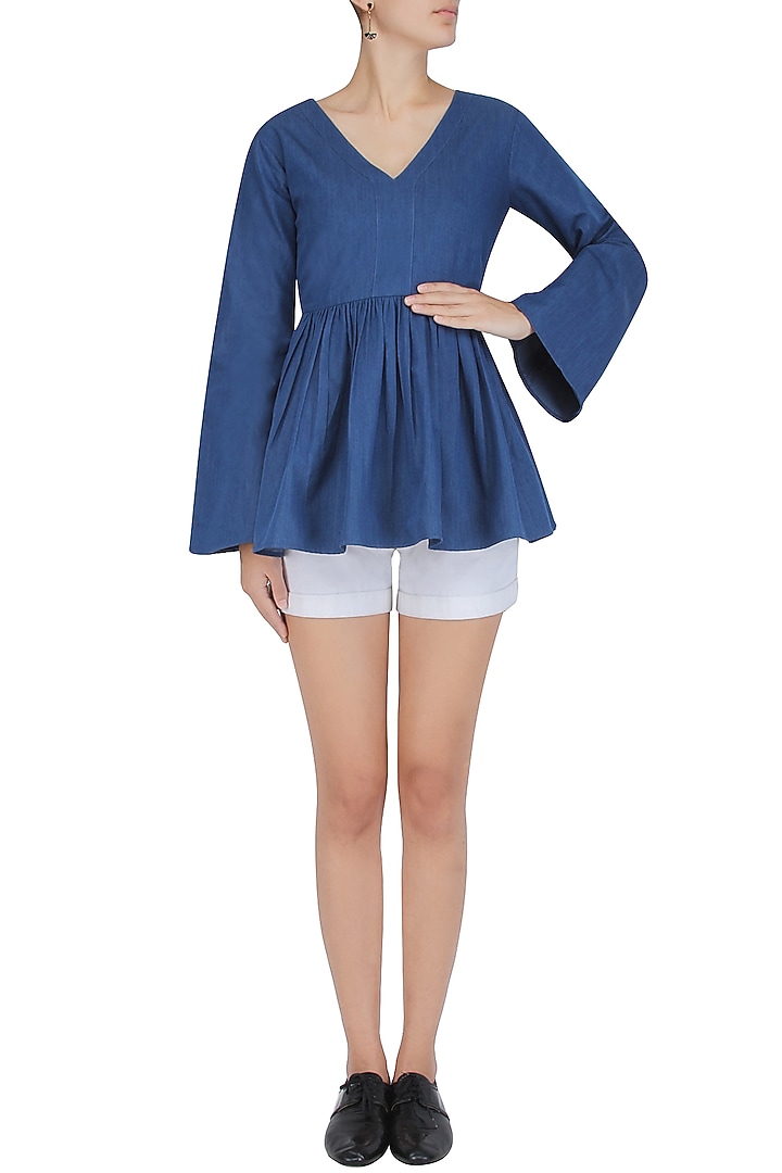 Blue V neck beller top available only at Pernia's Pop Up Shop.