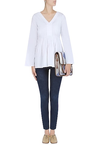 White Bell Sleeves Flared Top by Ankita