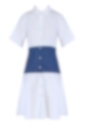 White and Blue Color Blocked Shirt Dress by Ankita