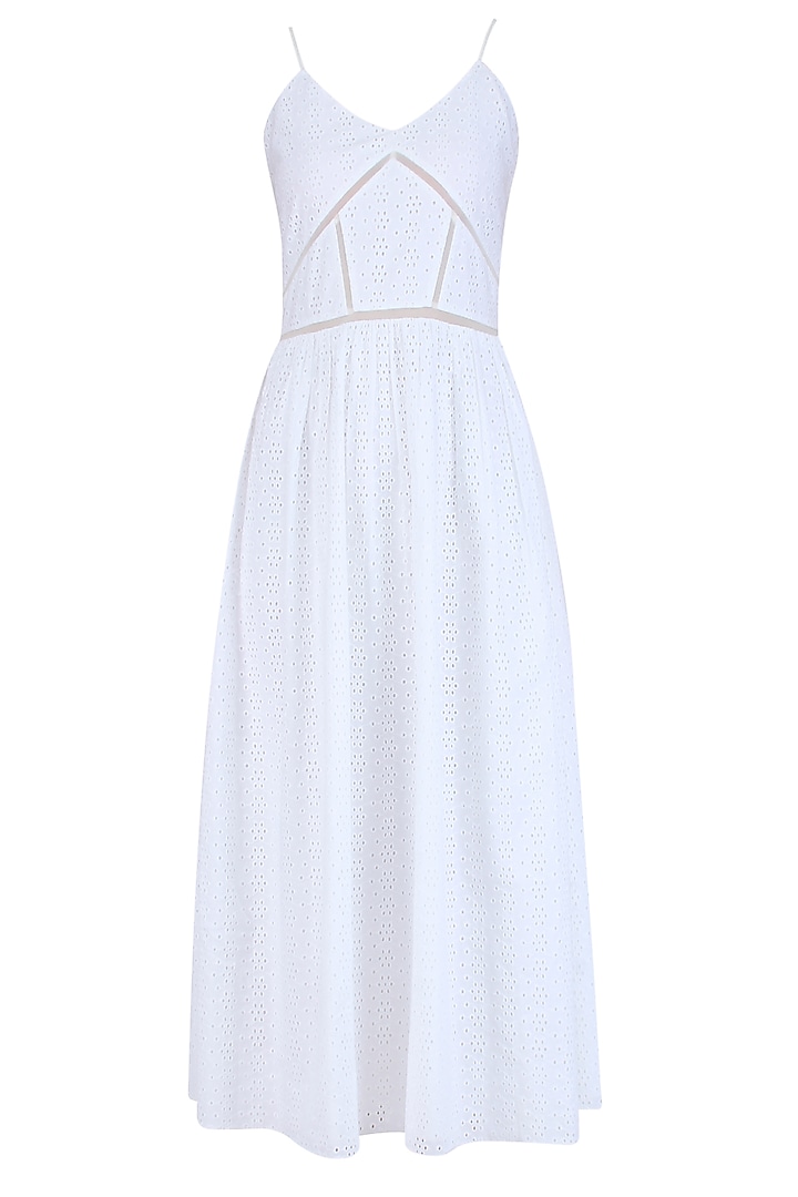 White Textured Calf Length Lace Dress by Ankita