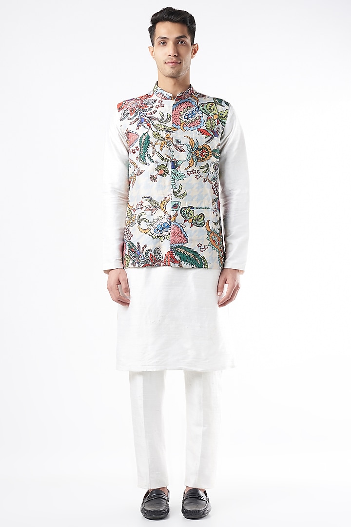 Multi-Colored Printed & Embellished Bundi Jacket With Kurta Set by Aisha Rao Men