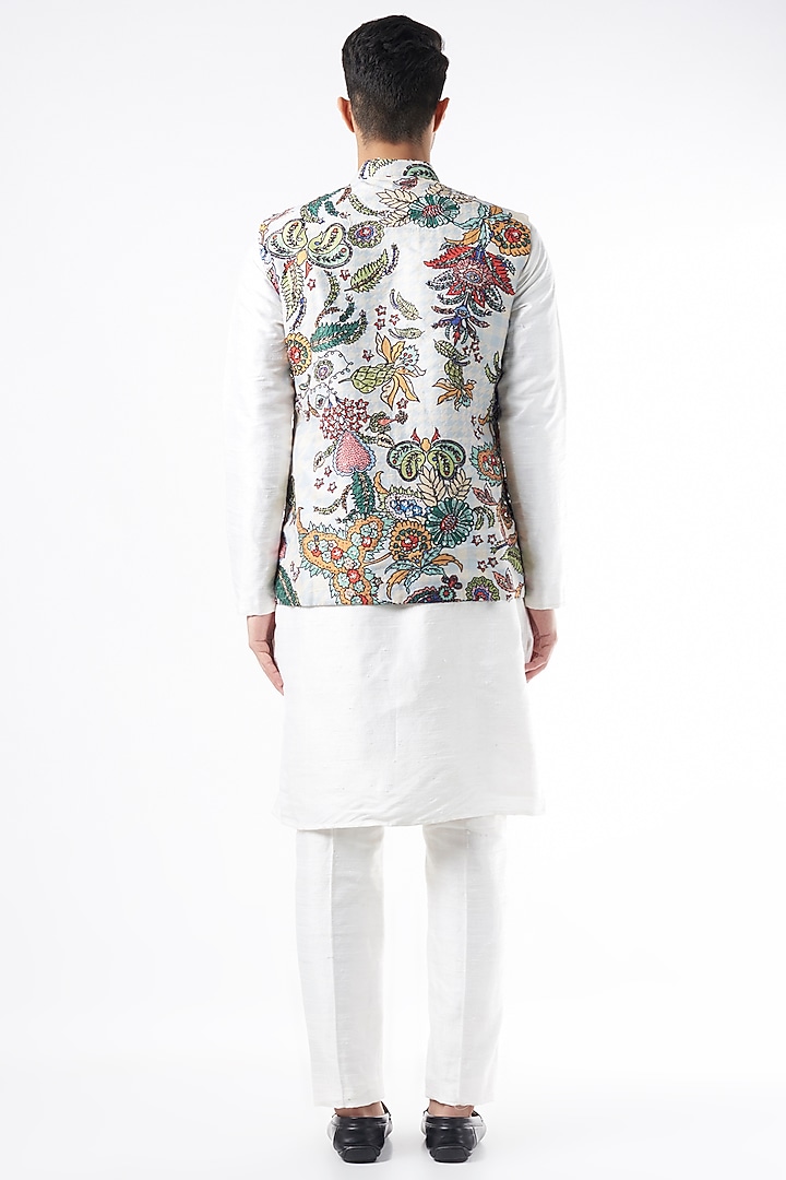Multi-Colored Raw Silk Printed & Embellished Bundi Jacket Set by Aisha Rao Men at Pernia's Pop Up Shop