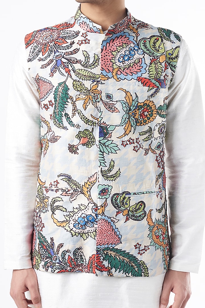 Multi-Colored Raw Silk Printed & Embellished Bundi Jacket Set by Aisha Rao Men at Pernia's Pop Up Shop