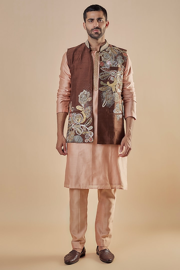 Brown Raw Silk Applique Embellished Bundi Jacket Set by Aisha Rao Men