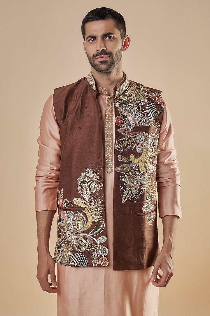 Brown Raw Silk Applique Embellished Bundi Jacket Set by Aisha Rao Men at Pernia's Pop Up Shop