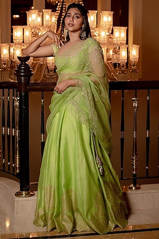 Green Hand-Block Printed Lehenga Set by Devnaagri