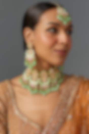 Gold Finish Kundan Polki & Aqua Stone Choker Necklace Set by Aitihya at Pernia's Pop Up Shop