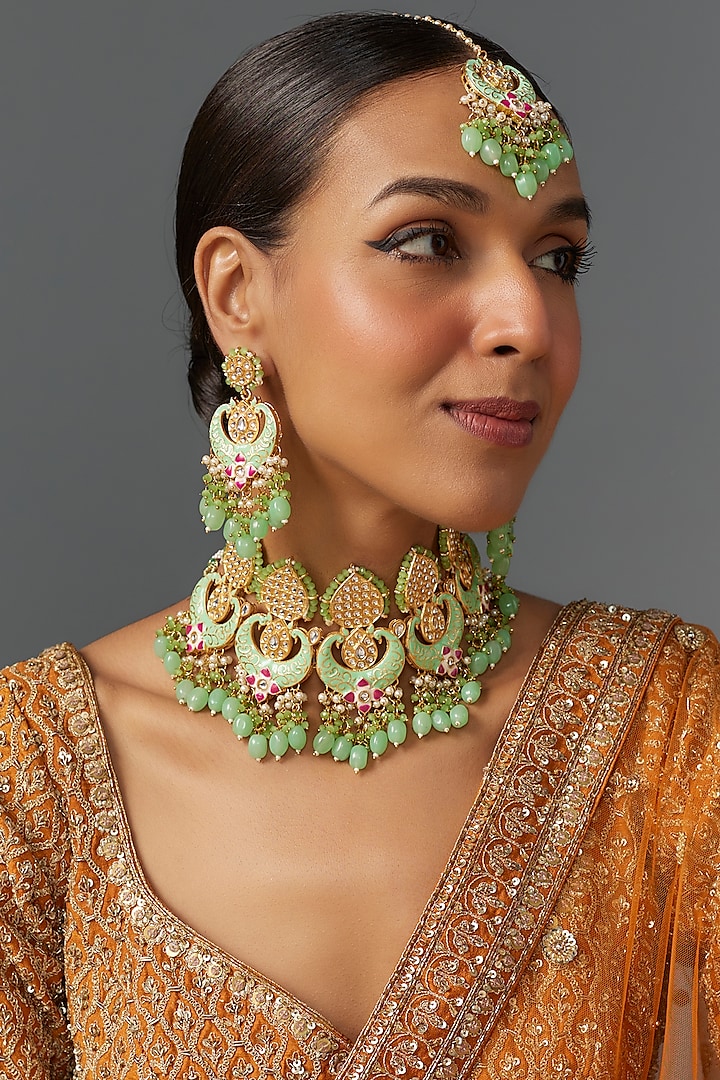 Gold Finish Kundan Polki & Aqua Stone Choker Necklace Set by Aitihya at Pernia's Pop Up Shop