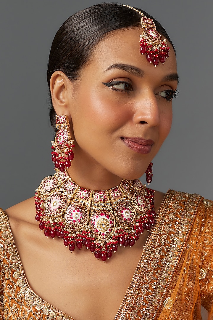 Gold Finish Kundan Polki & Red Stone Choker Necklace Set by Aitihya at Pernia's Pop Up Shop