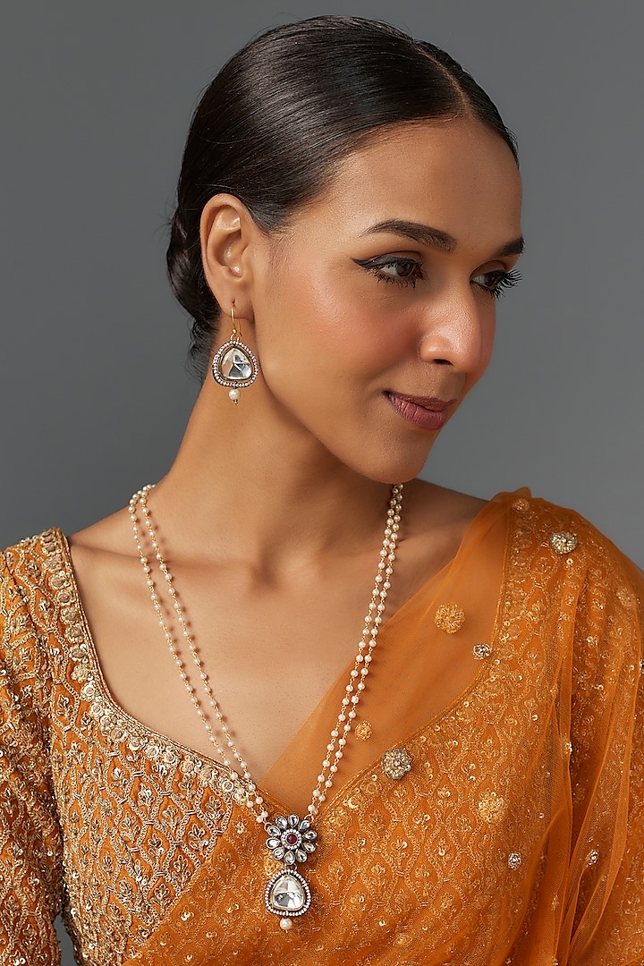 Gold Finish Kundan Polki & Pearl Pendant Mala Set by Aitihya at Pernia's Pop Up Shop