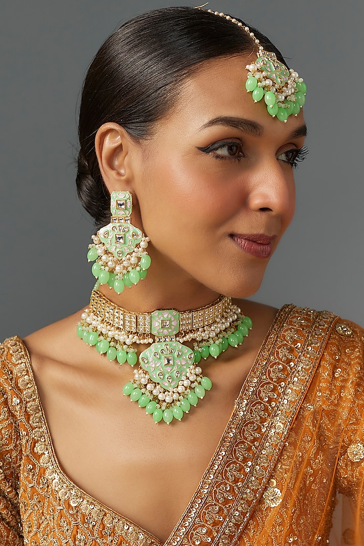 Gold Finish Kundan Polki & Aqua Stone Choker Necklace Set by Aitihya at Pernia's Pop Up Shop