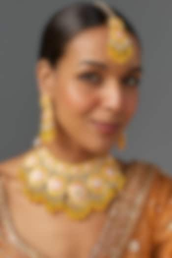 Gold Kundan Polki & Yellow Stone Choker Necklace Set by Aitihya at Pernia's Pop Up Shop