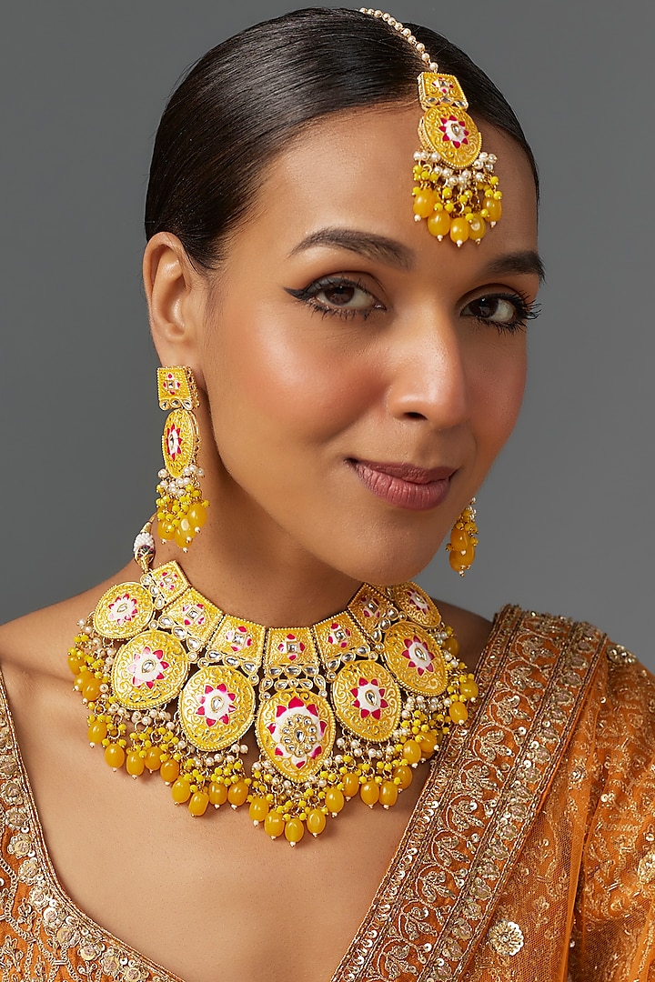 Gold Kundan Polki & Yellow Stone Choker Necklace Set by Aitihya at Pernia's Pop Up Shop