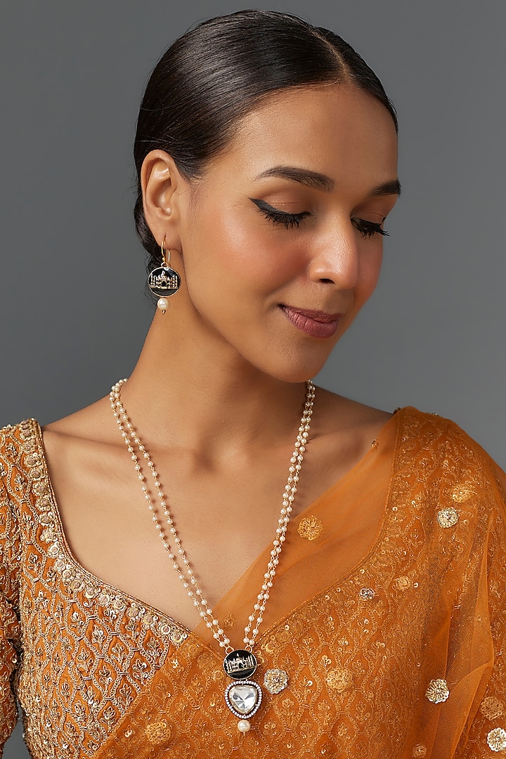 Gold Finish Kundan Polki & Pearl Pendant Mala Set by Aitihya at Pernia's Pop Up Shop