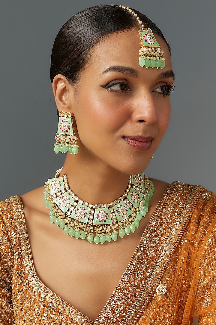 Gold Kundan Polki & Aqua Stone Choker Necklace Set by Aitihya at Pernia's Pop Up Shop