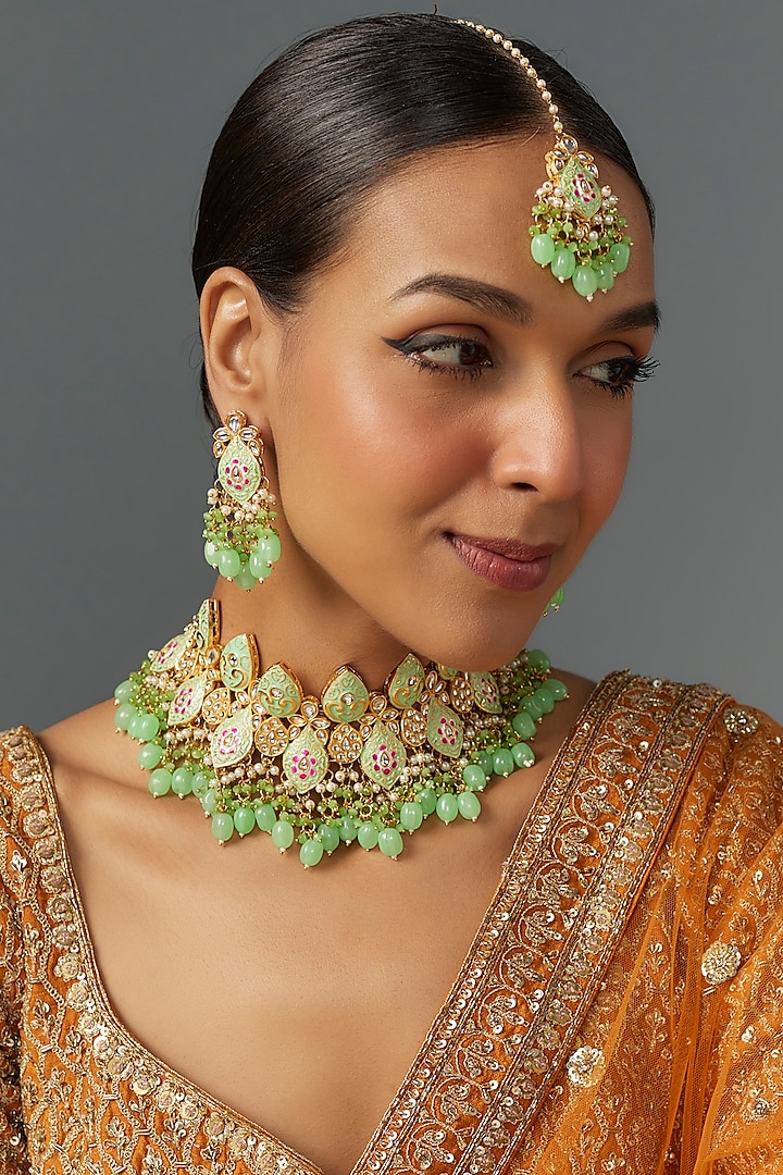 Gold Kundan Polki & Aqua Stone Choker Necklace Set by Aitihya