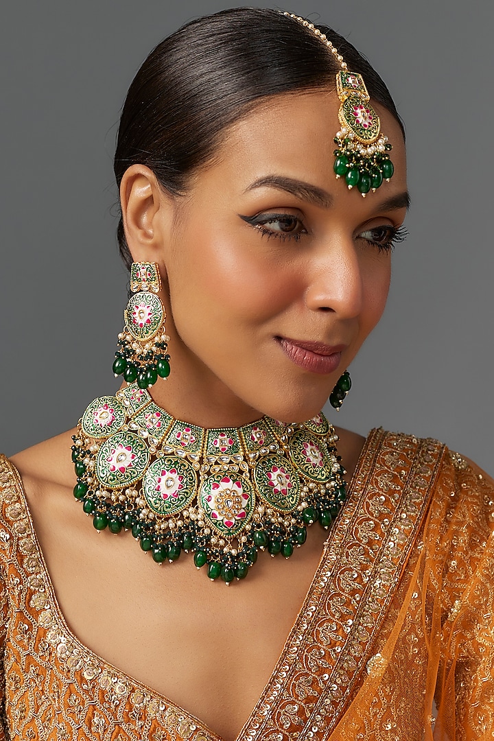 Gold Kundan Polki & Charcoal Stone Choker Necklace Set by Aitihya