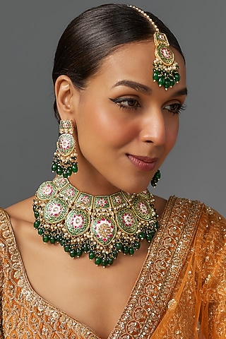 Gold Kundan Polki & Charcoal Stone Choker Necklace Set by Aitihya