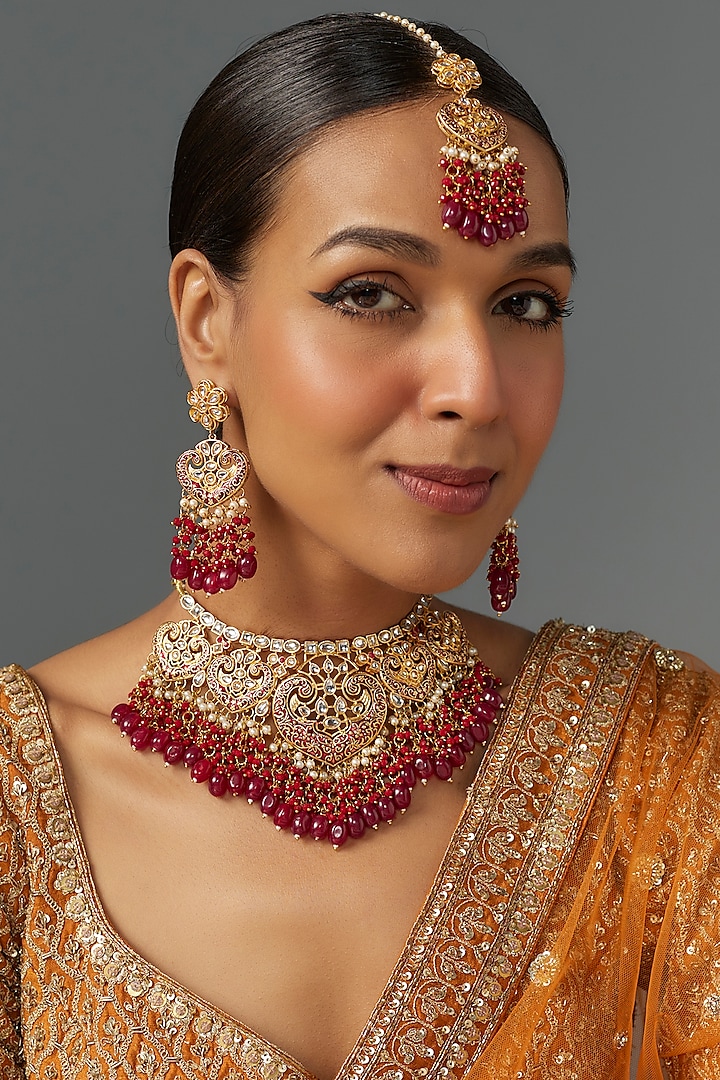 Gold Kundan Polki & Maroon Stone Choker Necklace Set by Aitihya at Pernia's Pop Up Shop