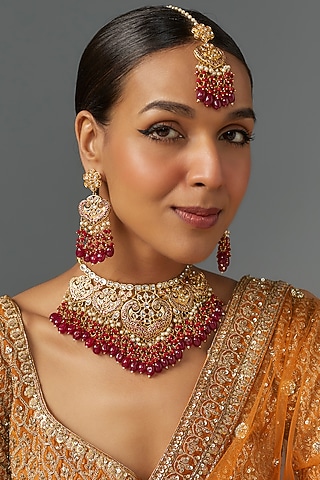 Gold Kundan Polki & Maroon Stone Choker Necklace Set by Aitihya