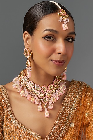 Gold Kundan Polki & Pink Stone Choker Necklace Set by Aitihya