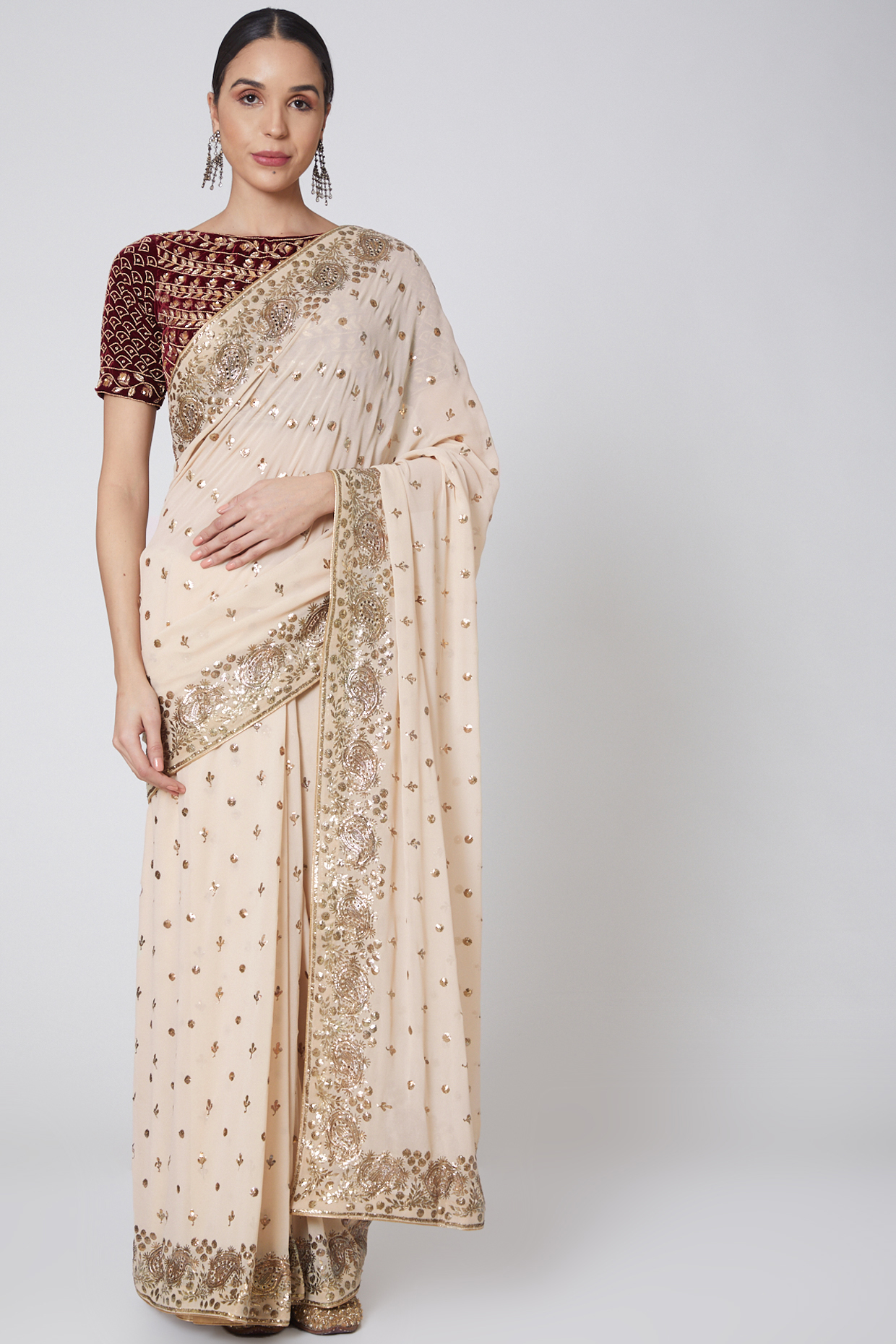 Beige & Maroon Embroidered Bridal Saree Set by Anshikaa Jain at Pernia's Pop Up Shop