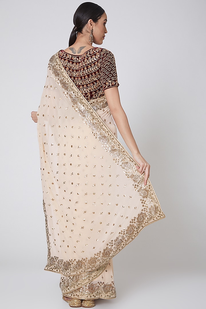 Beige & Maroon Embroidered Bridal Saree Set by Anshikaa Jain at Pernia's Pop Up Shop