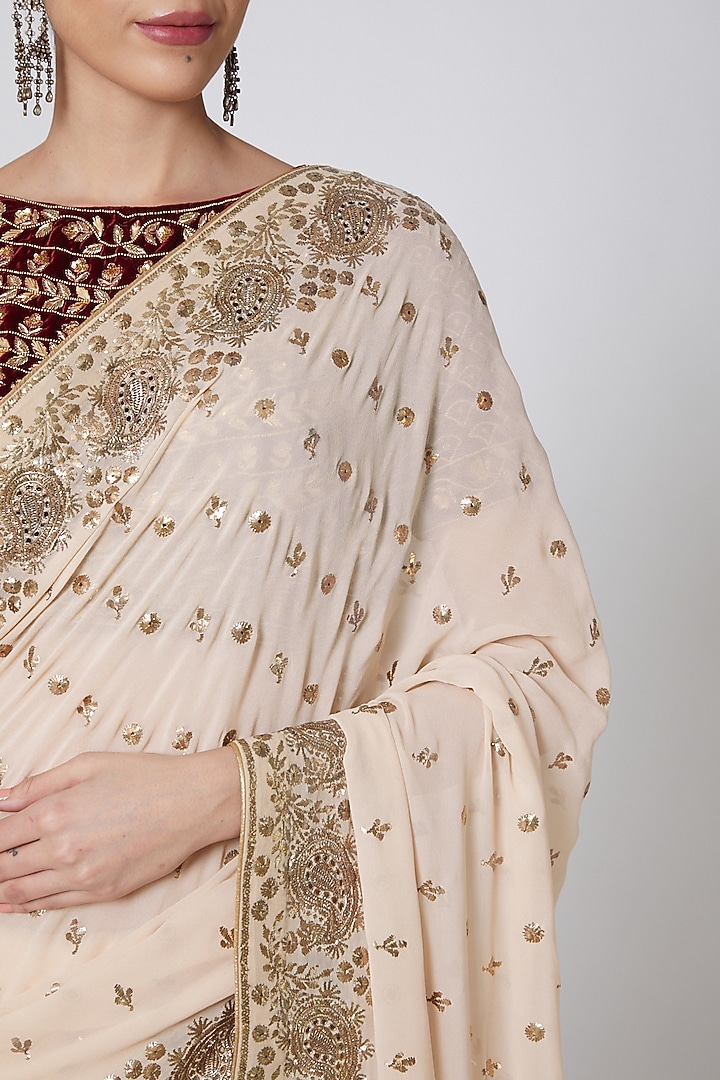 Beige & Maroon Embroidered Bridal Saree Set by Anshikaa Jain at Pernia's Pop Up Shop