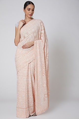 Peach Embroidered Saree Set by Anshikaa Jain