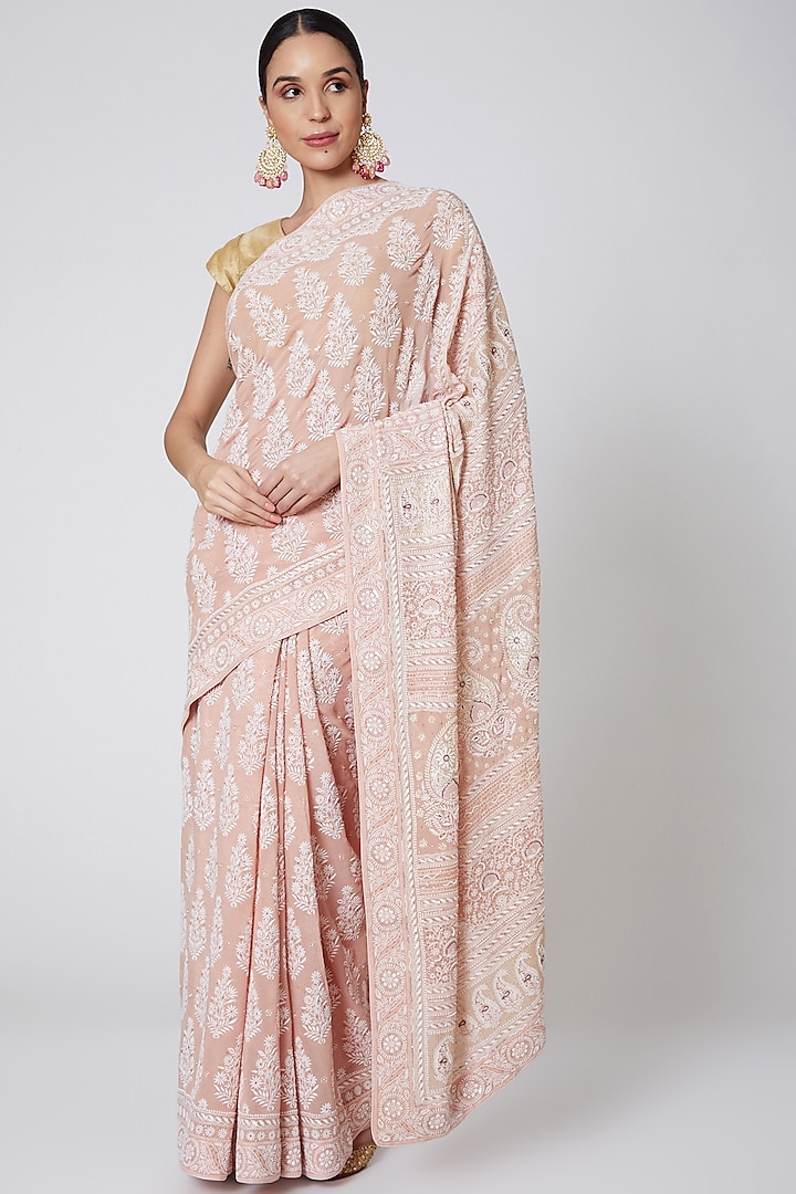 Peach Chikankari Embroidered Saree Set by Anshikaa Jain