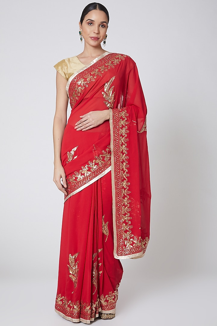 Red & Gold Embroidered Saree Set by Anshikaa Jain