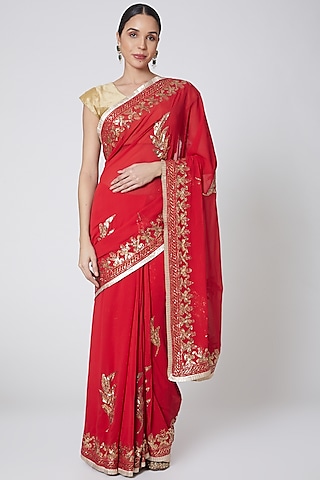 Red & Gold Embroidered Saree Set by Anshikaa Jain