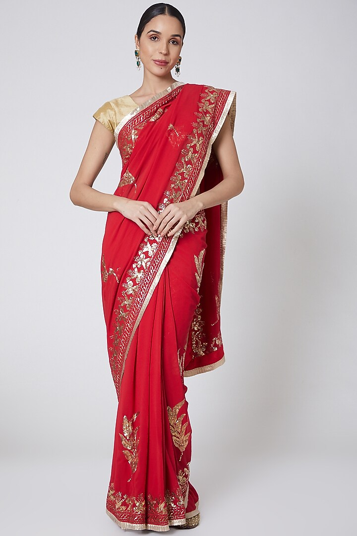 Red & Gold Embroidered Bridal Saree Set by Anshikaa Jain at Pernia's Pop Up Shop