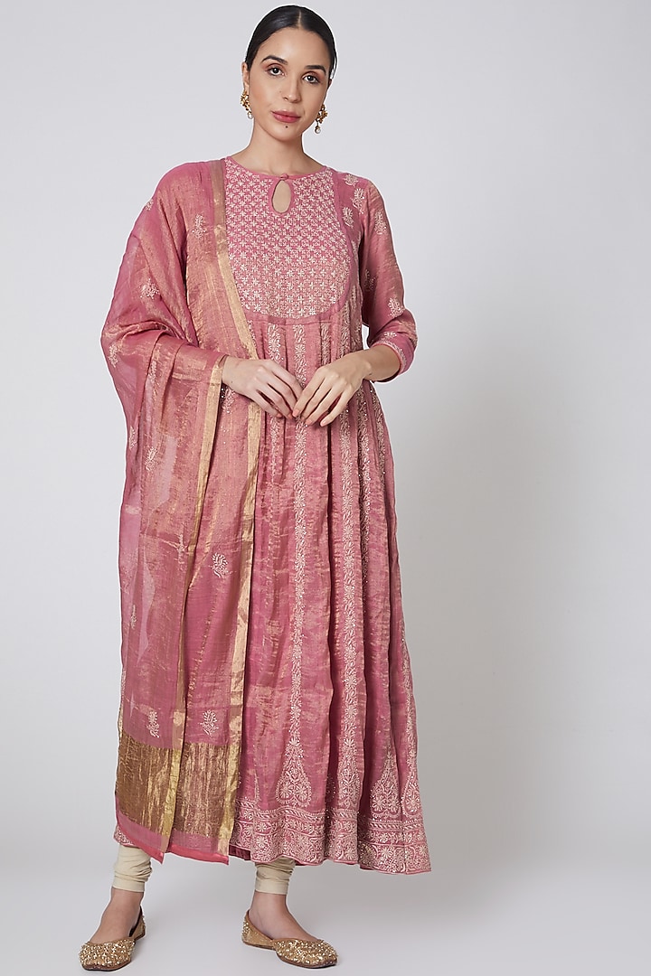 Blush Pink & Beige Embroidered Anarkali Set by Anshikaa Jain