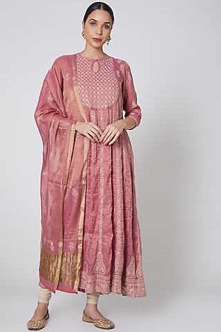 Blush Pink & Beige Embroidered Anarkali Set by Anshikaa Jain
