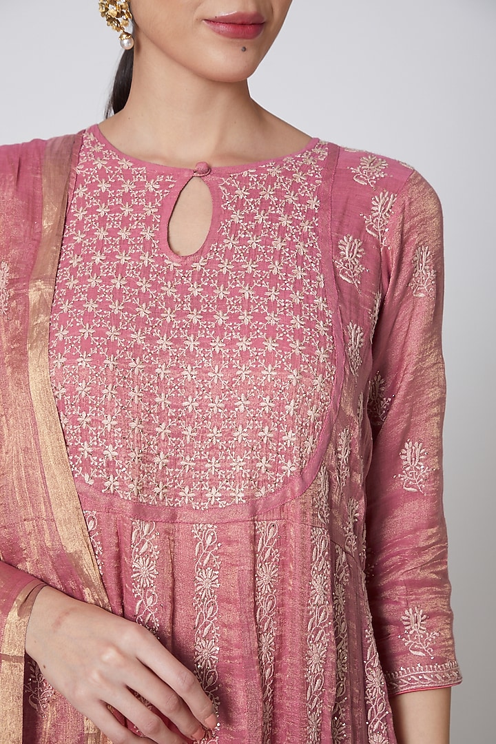 Blush Pink & Beige Embroidered Wedding Anarkali Set by Anshikaa Jain at Pernia's Pop Up Shop