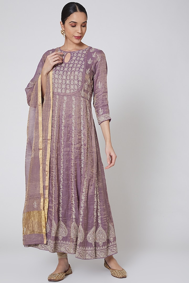 Purple & Beige Embroidered Anarkali Set by Anshikaa Jain