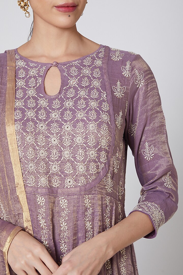 Purple & Beige Embroidered Wedding Anarkali Set by Anshikaa Jain at Pernia's Pop Up Shop