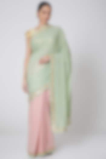 Peach & Mint Green Embroidered Saree Set by Anshikaa Jain at Pernia's Pop Up Shop