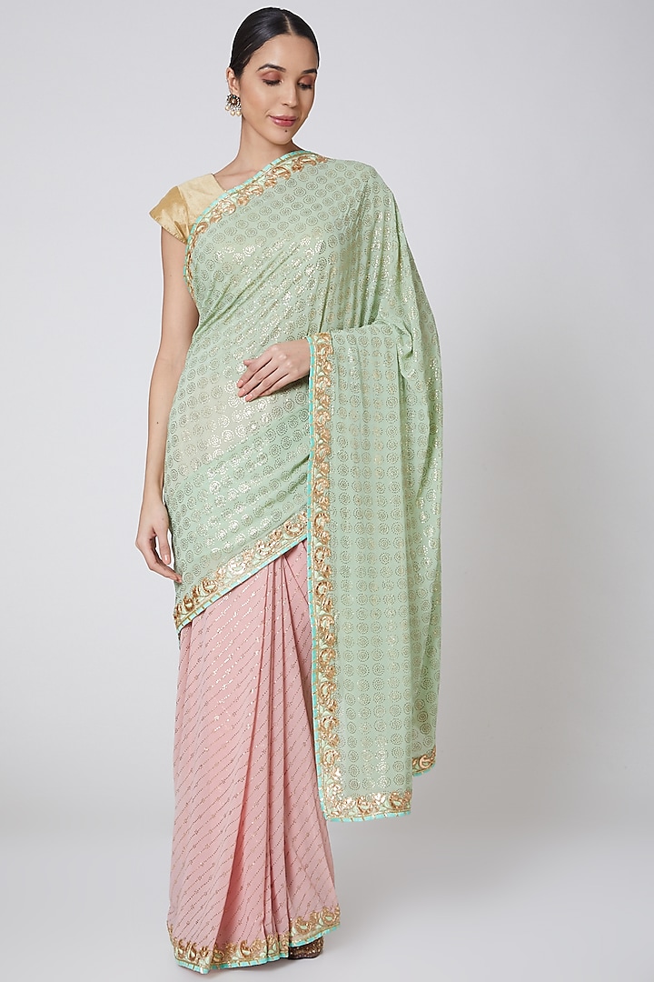 Peach & Mint Green Embroidered Saree Set by Anshikaa Jain