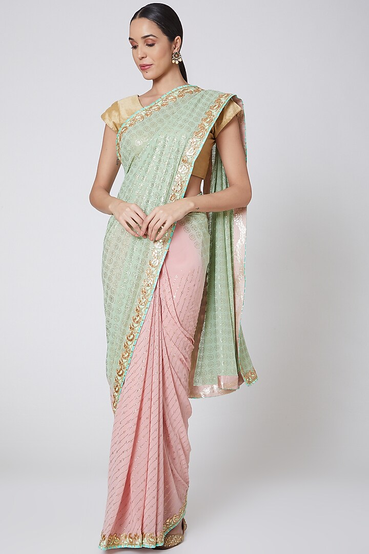 Peach & Mint Green Embroidered Bridal Saree Set by Anshikaa Jain at Pernia's Pop Up Shop