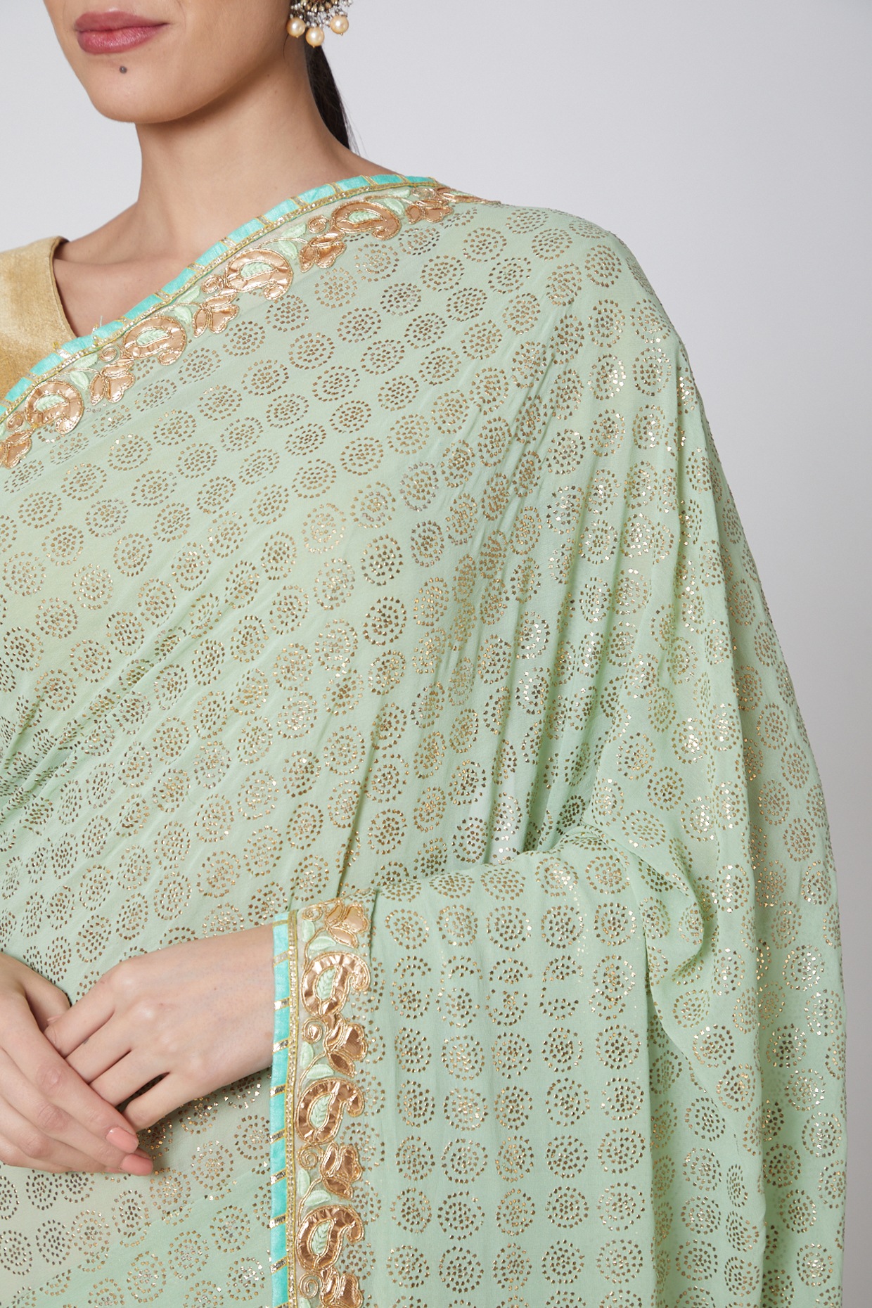 Georgette and Net Designer Saree In Mint Green Colour