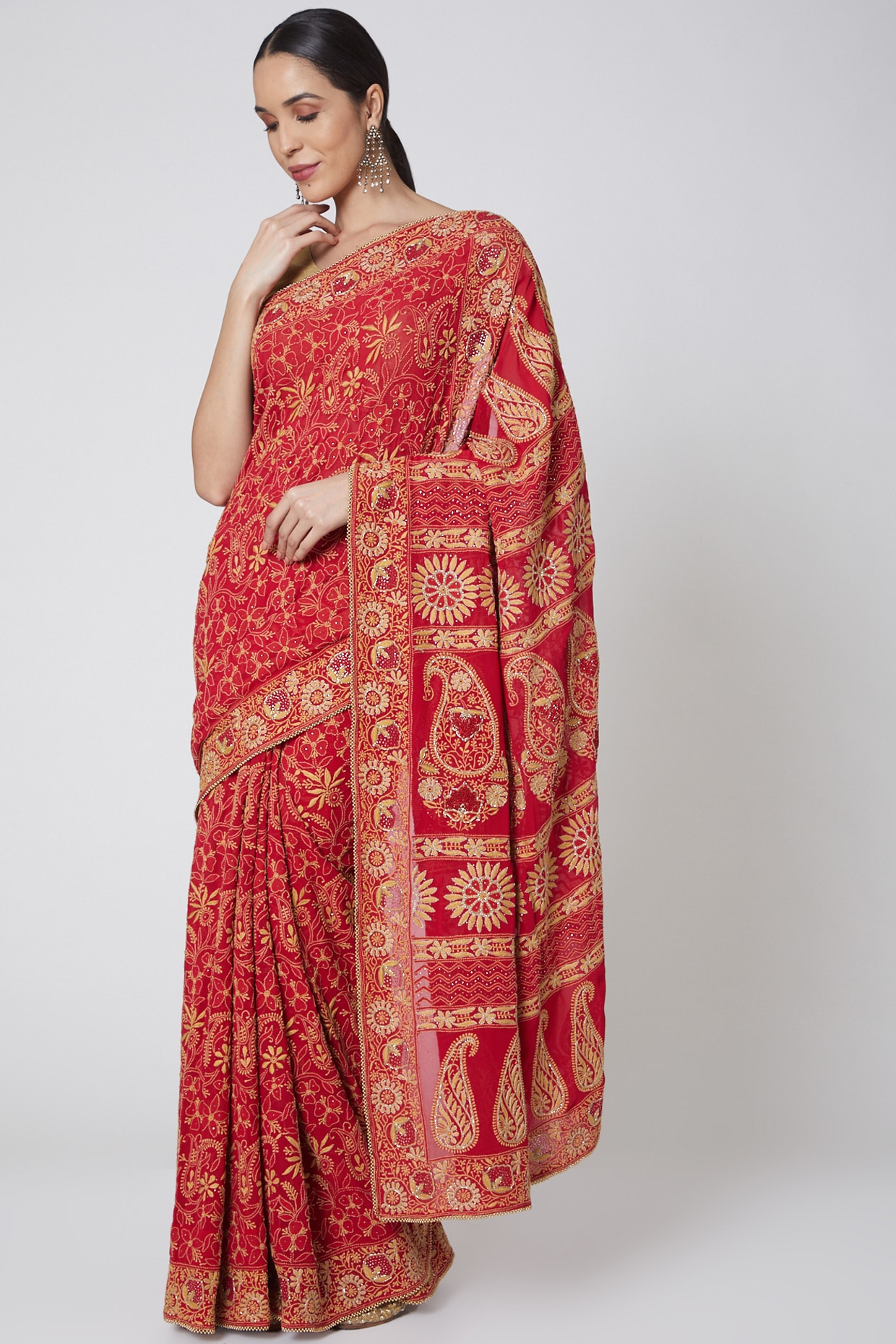 Hand Embroidery Chikankari Faux Georgette Saree in Red | Bengal Looms