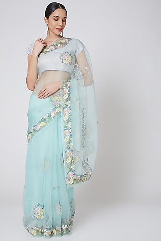 Mint Green Embroidered Saree Set by Anshikaa Jain