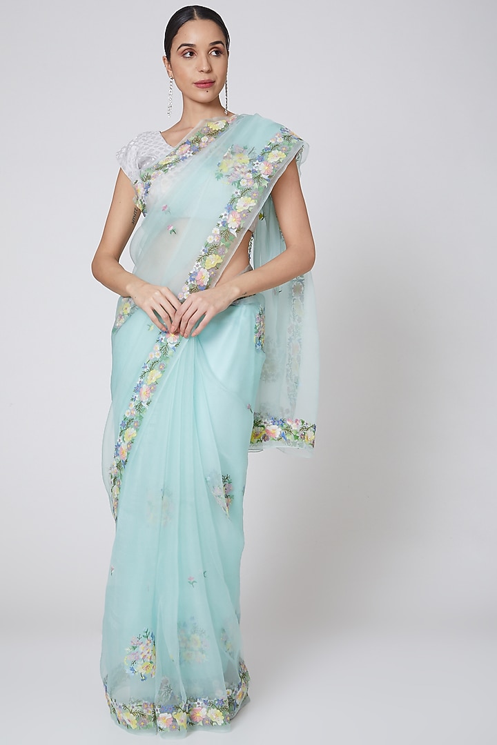Mint Green Embroidered Reception Saree Set by Anshikaa Jain at Pernia's Pop Up Shop