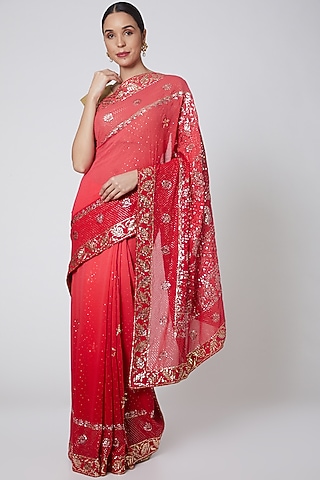 Red Mukaish Embroidered Saree Set by Anshikaa Jain