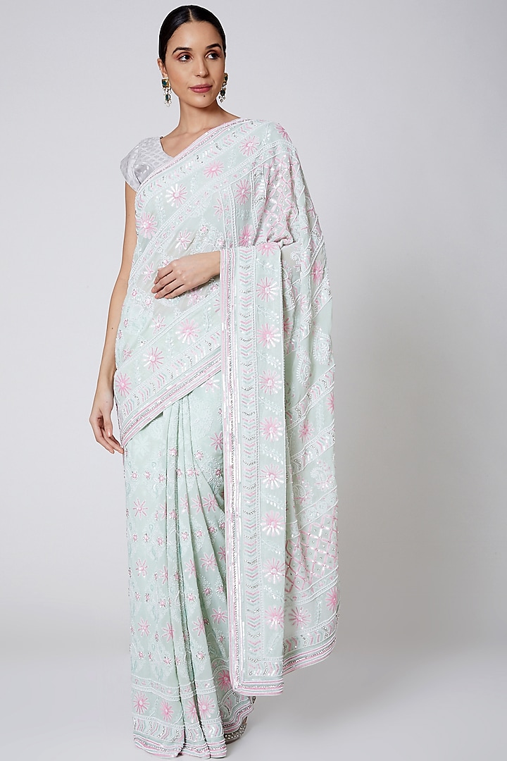 Mint Green Chikankari Embroidered Saree Set by Anshikaa Jain