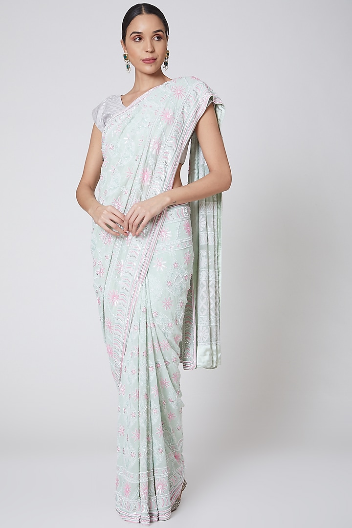 Mint Green Chikankari Embroidered Bridal Saree Set by Anshikaa Jain at Pernia's Pop Up Shop